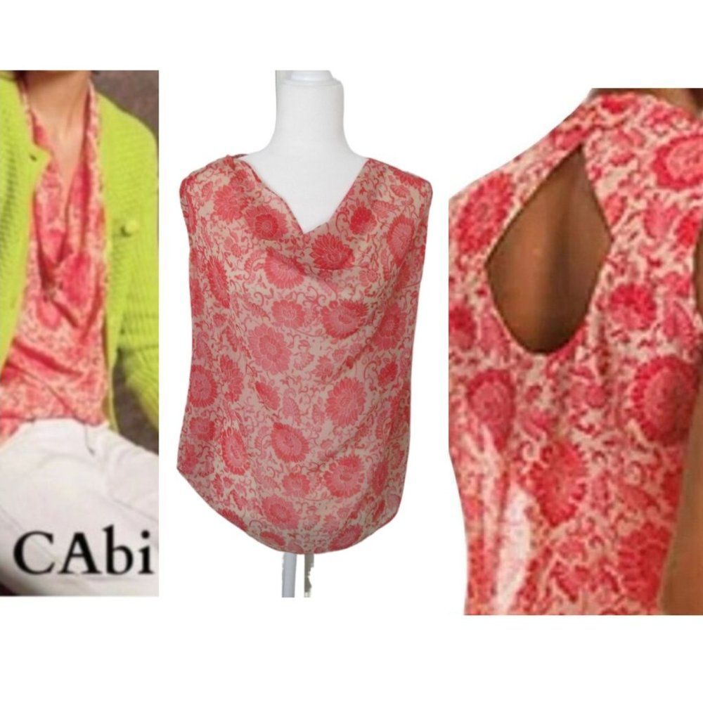 CABi Orange Floral Vita Draped Front Sleeveless Blouse Size XS